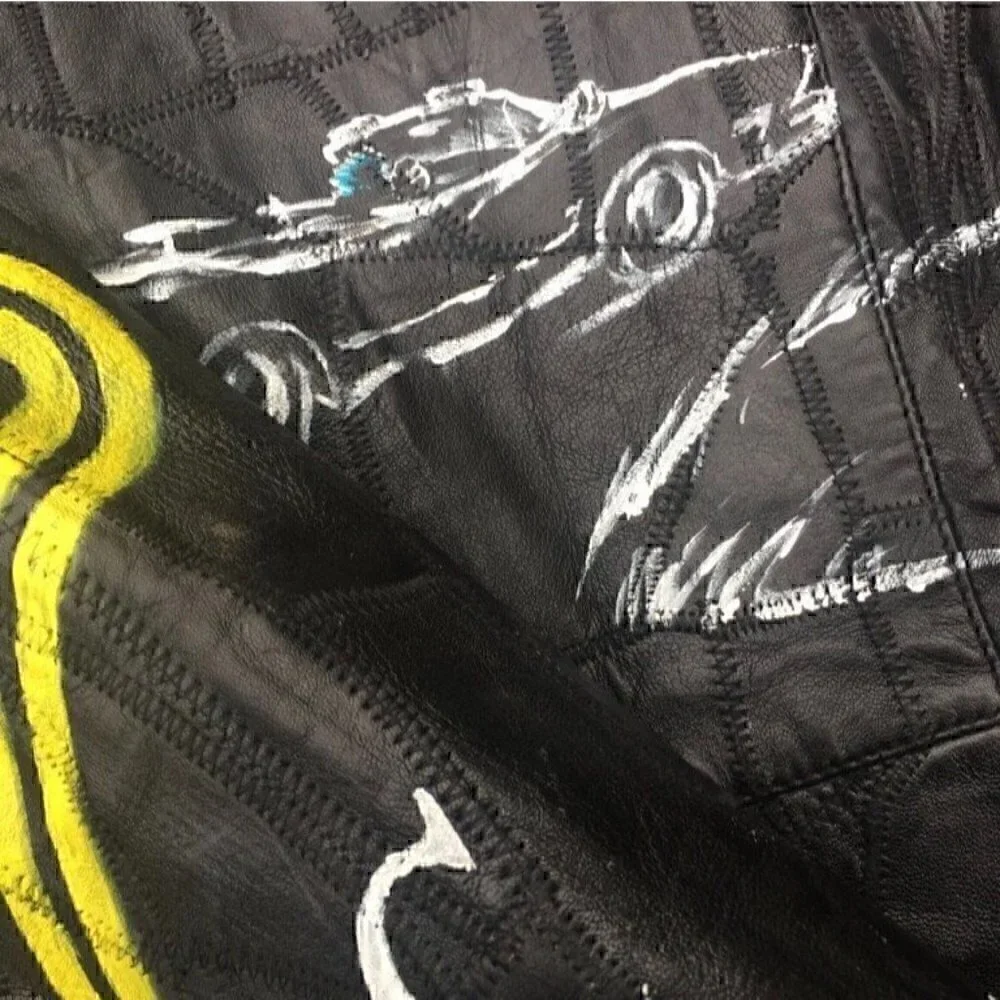 Vintage kids black leather patch zip-up jacket, yellow and white hand painted 4T